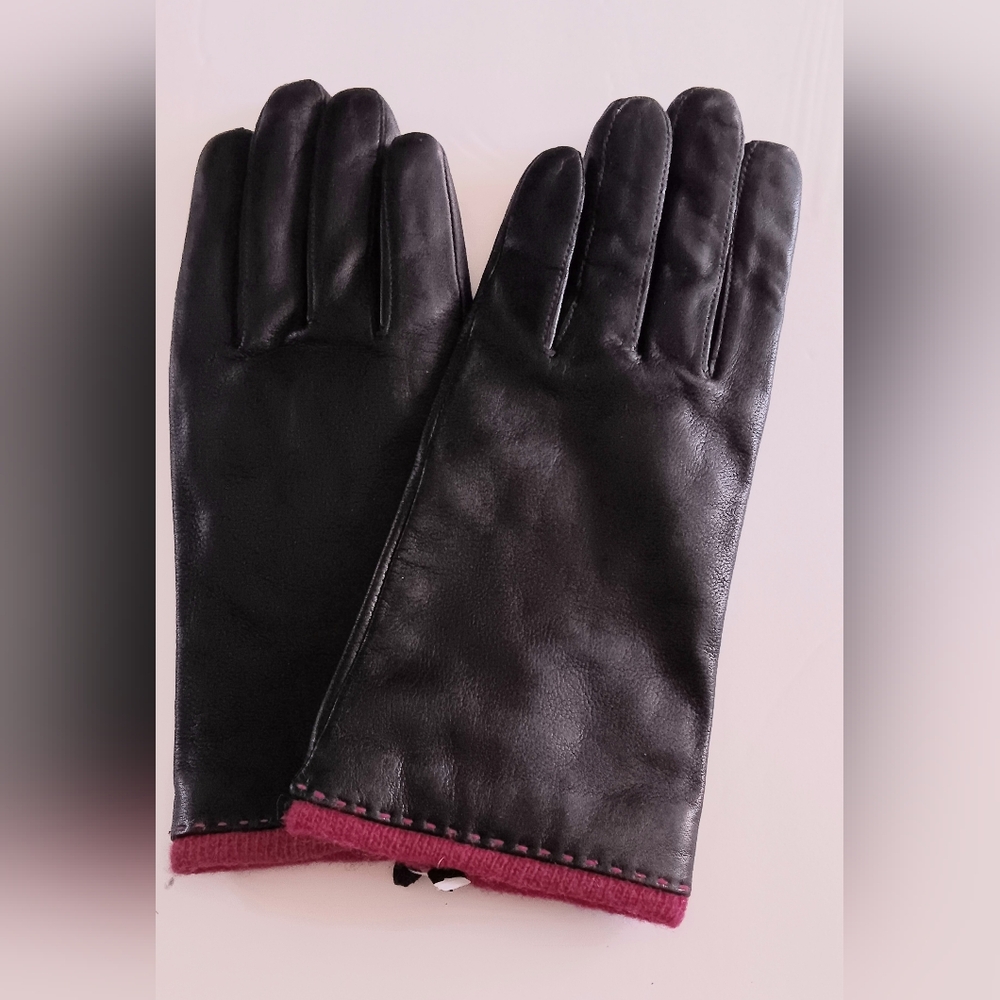 WOMEN'S, BURGUNDY ANGORA WOOL LINED, BLACK  LEATHER GLOVES, LARGE